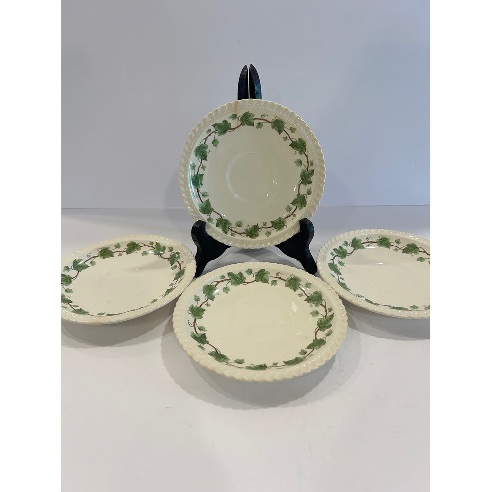 Vintage Harker Pottery Royal Gadroon Ivy Saucers Set of 4 Cream Green Pie Crust